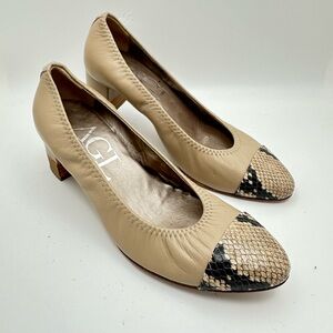 AGL Italy Women Size 37 Cap Toe Pump Tan Leather Snake Print Heels